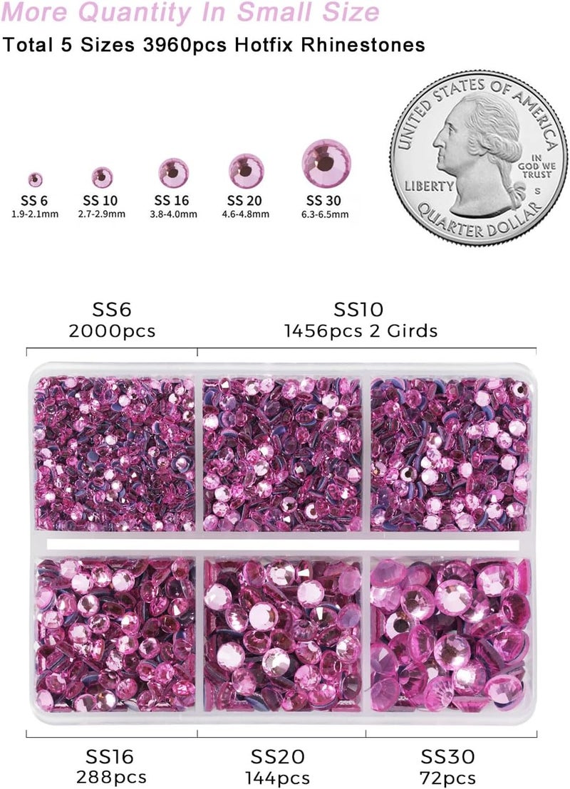 BEADSLAND Hotfix Rhinestones 3960pcs, Pink Rhinestone for Clothes, Hot Fix Crystals Rhinestones with Tweezers and Wax Pencil Kit,Mixed 5 Sizes, SS6-SS30, Dark Pink - Image 4